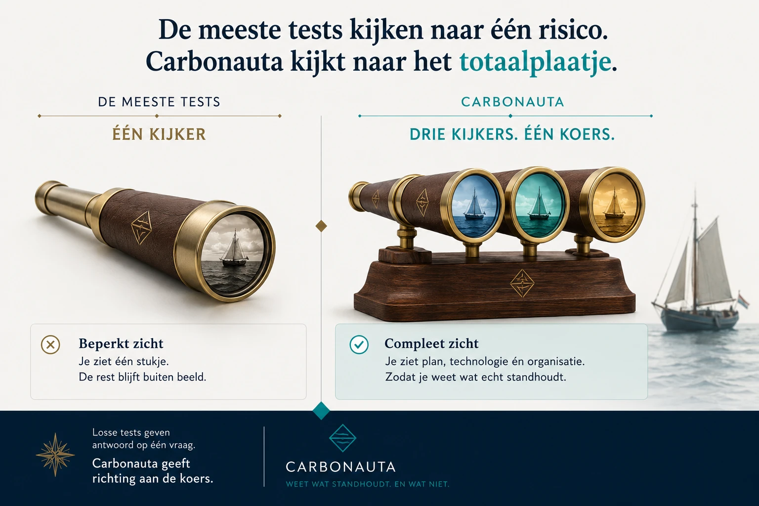 Infographic van Carbonauta met links een enkele verrekijker en rechts een drievoudige verrekijker op een houten standaard, vergezeld van Nederlandse tekst.